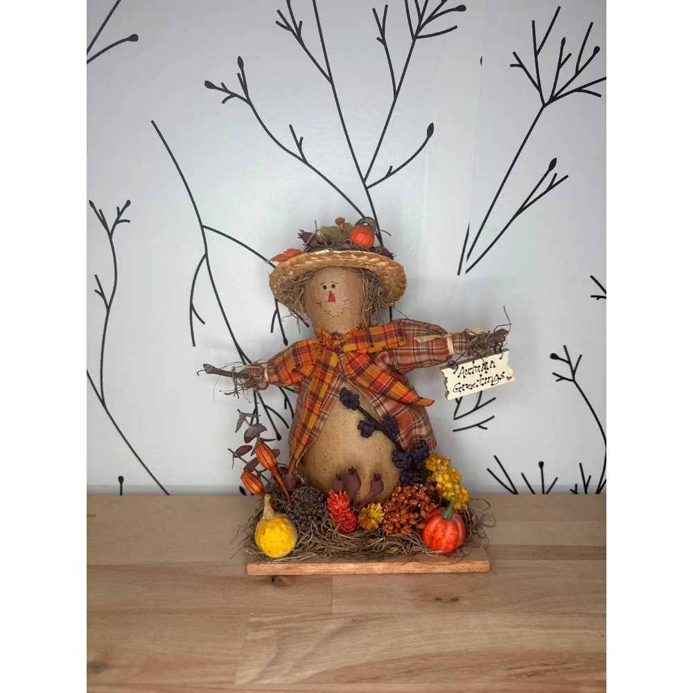 Rustic Autumn Greetings Scarecrow Figurine Plaid Fall Thanksgiving Decor 8.5